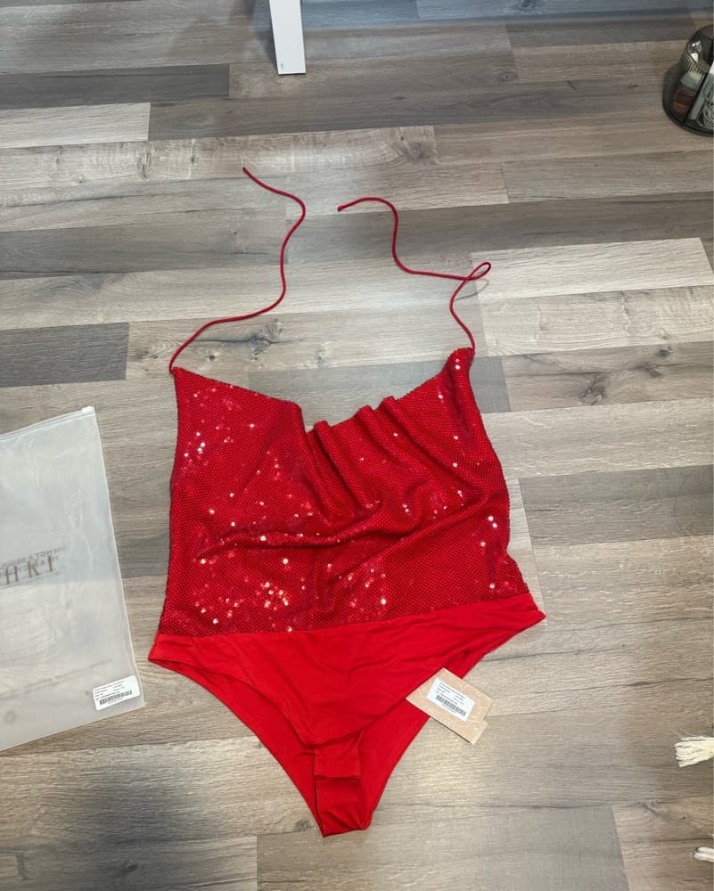 Red Sequin Cowlneck Bodysuit  - Image 3