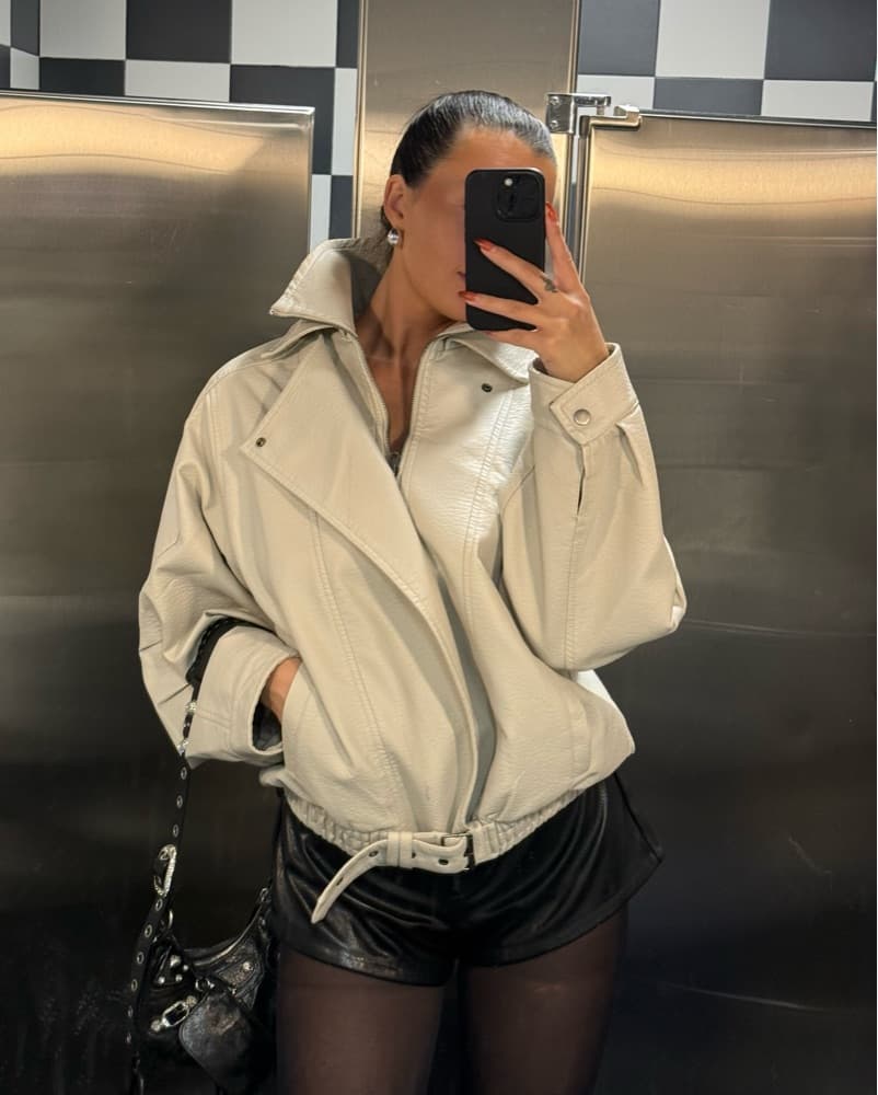 Off White Faux Leather Jacket - Image 2