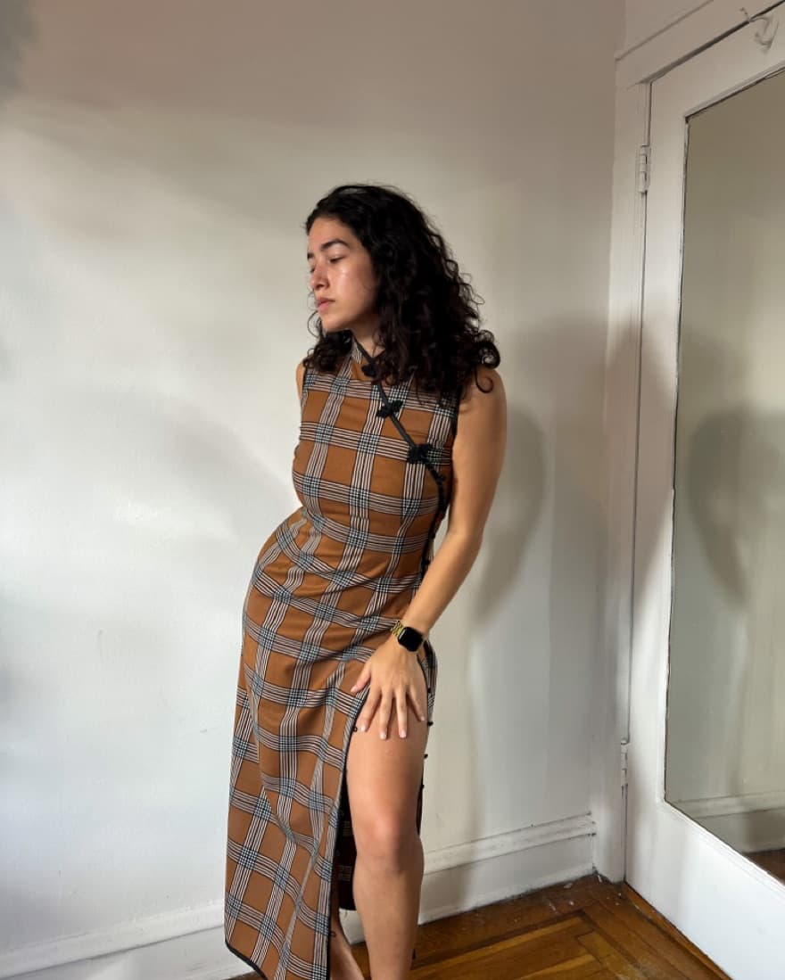Brown Plaid Qipao Inspired Dress - Image 6