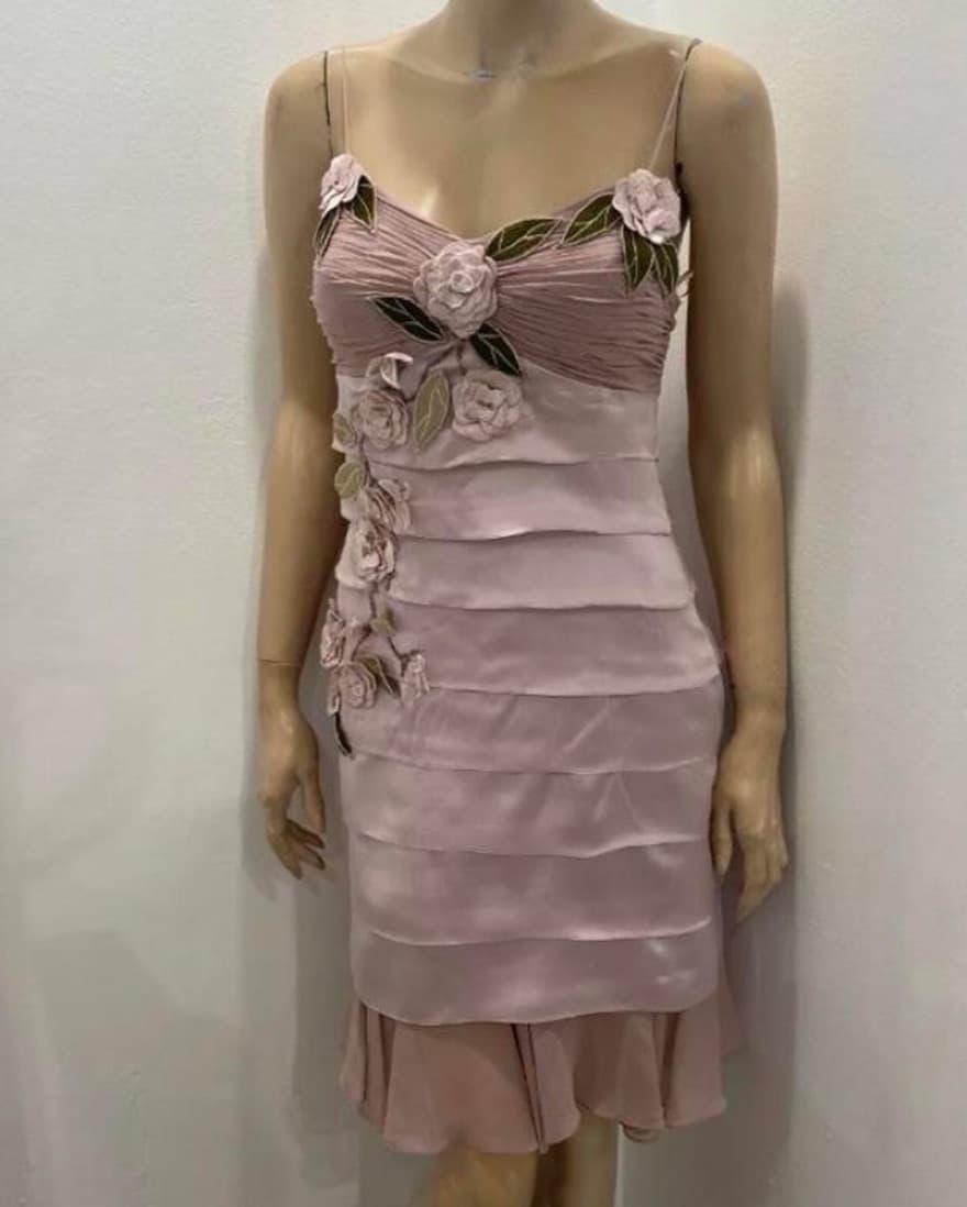 Vintage Silk Dress With Floral Appliques - Image 1