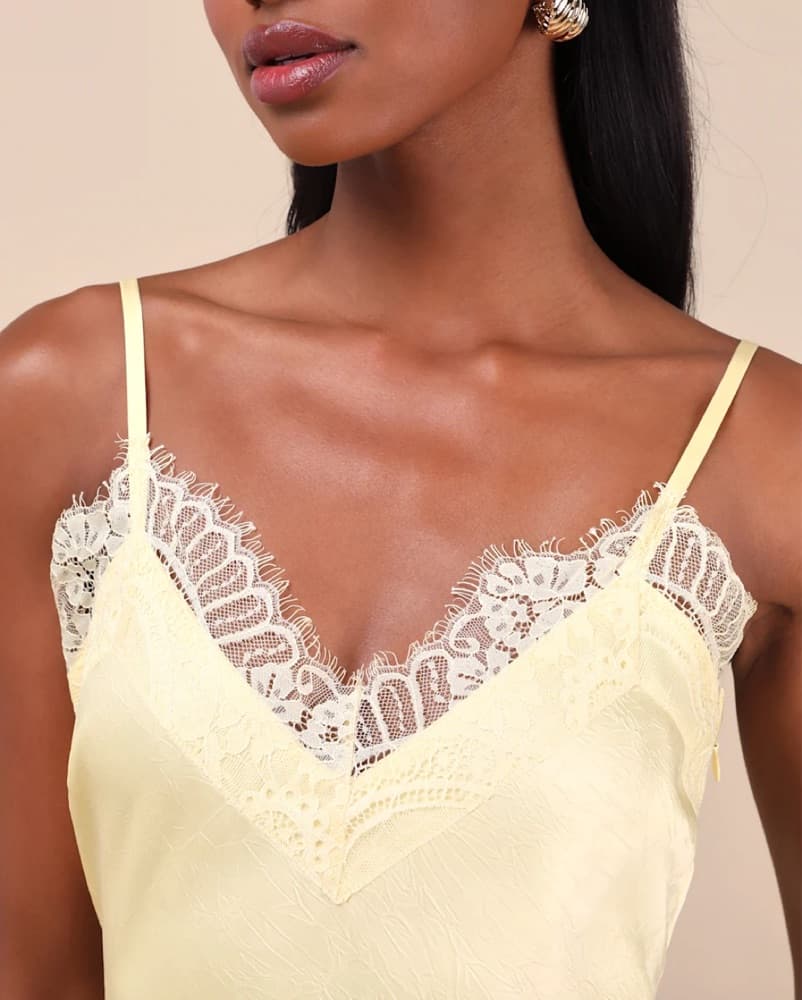 Yellow Crinkle Satin Lace Midi Slip Dres - Image 3