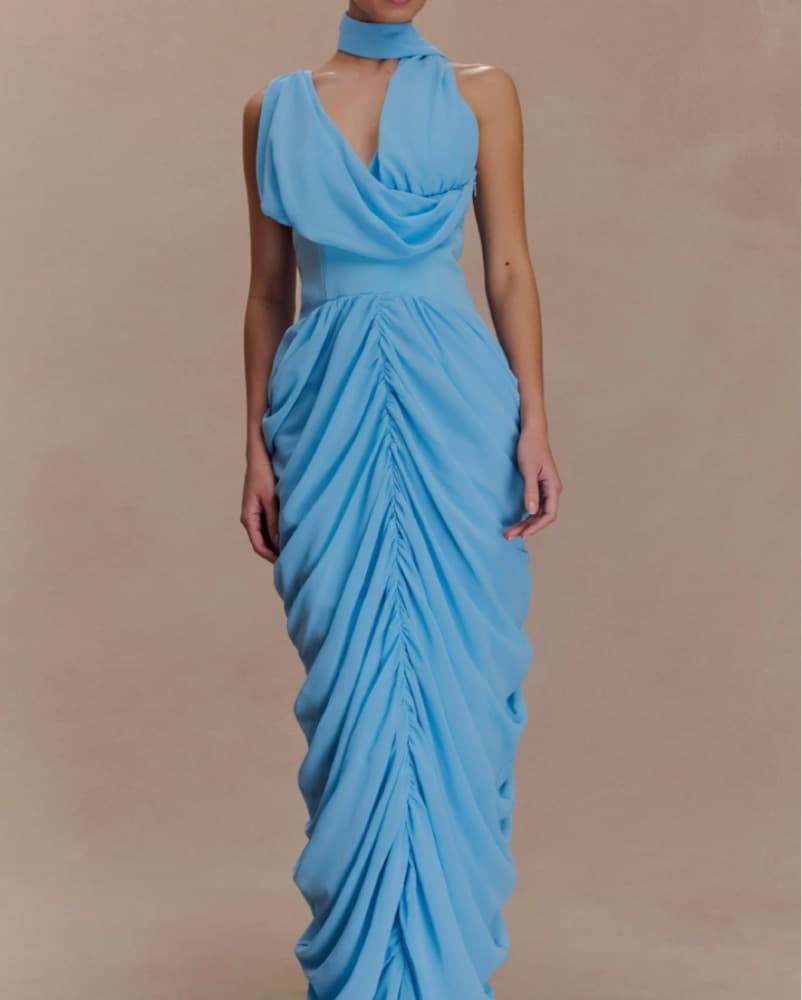 Elegant Blue Draped Maxi Dress - Image 4
