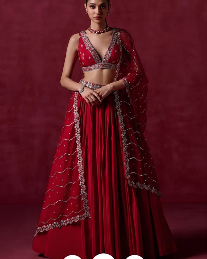 Red Embroidered Crepe Silk Lehenga - Image 1