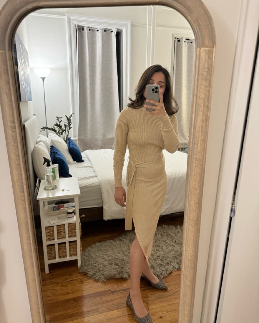 Turtleneck Beige Ribbed Fine Knit Dress - Image 2