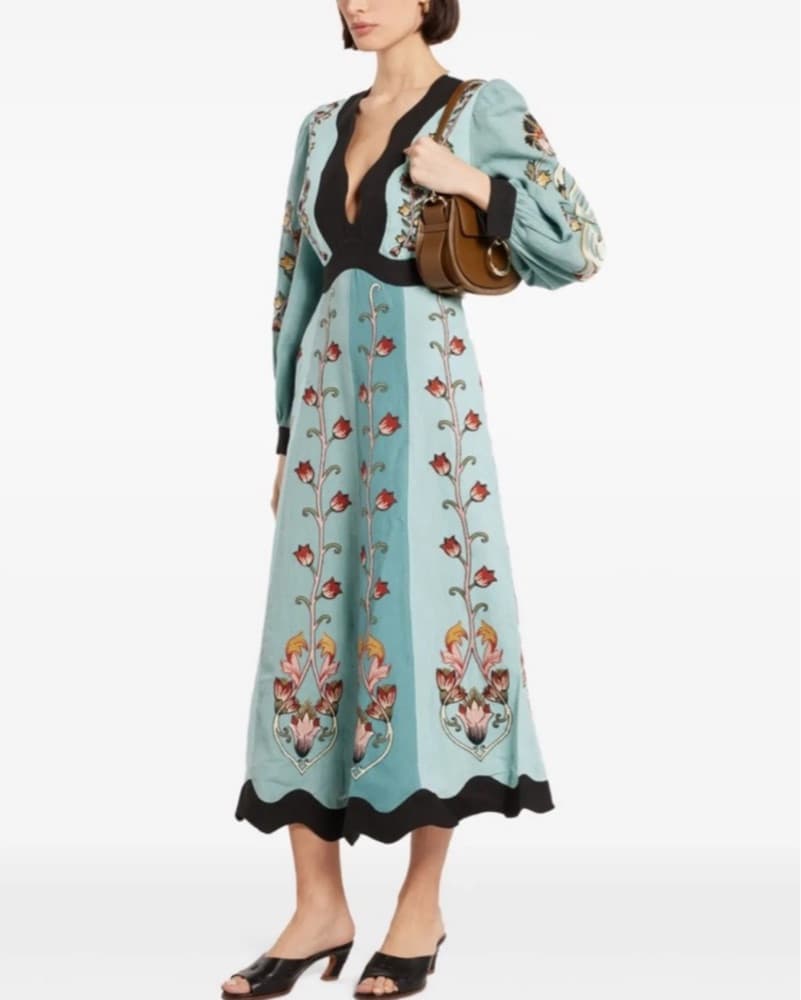 Elegant Floral Midi Dress with Balloon Sleeves - Image 2