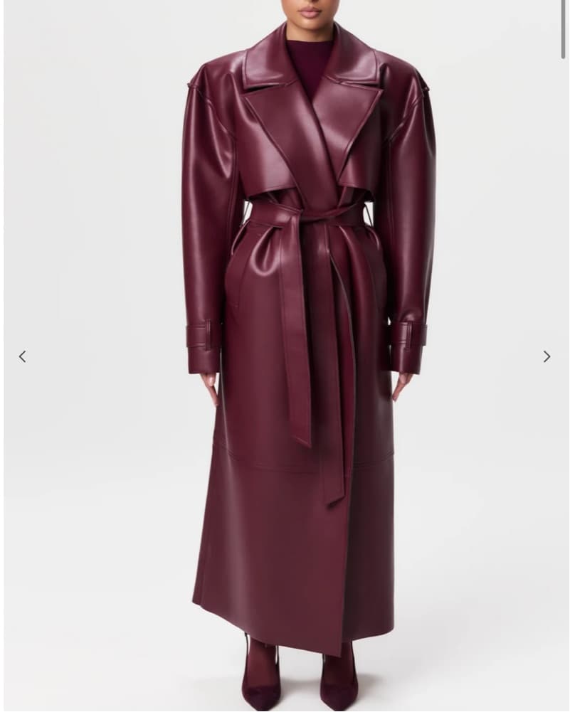 Burgundy Faux Leather Trench Coat - Image 1