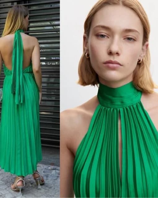 Pleated Emerald Green Halter Dress - Image 5