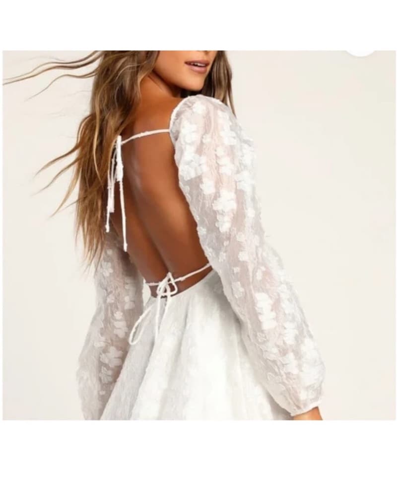 Angell Lace White Puffed Floral Jacquard Mini Dress - Image 1