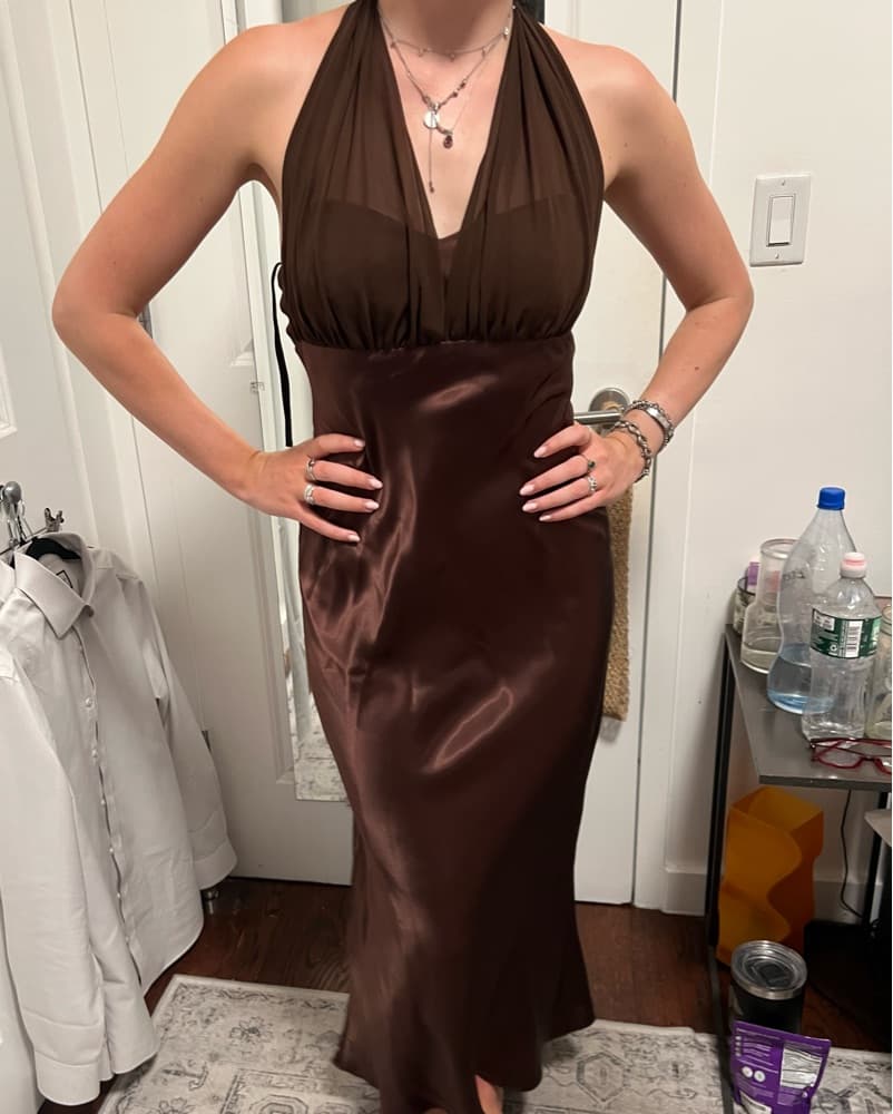 Brown Satin Halter Ruffle Midi Dress - Image 4