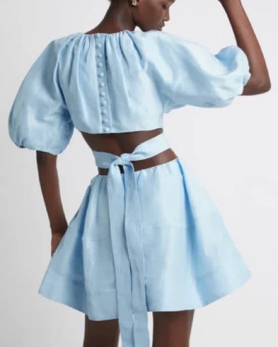 Aje Blue Puff Sleeve Mini Dress with Tie - Image 2