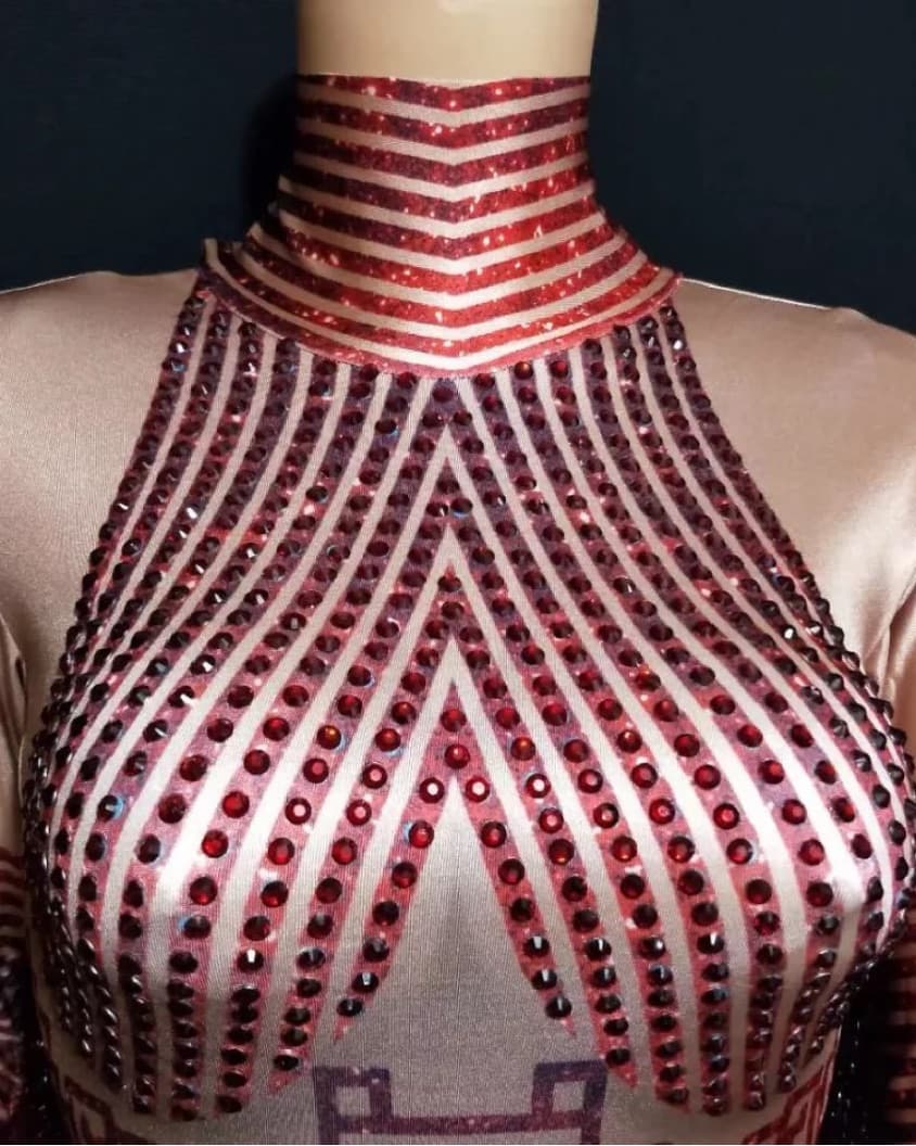 Red Fringe Crystal Bodysuit Costume  - Image 4