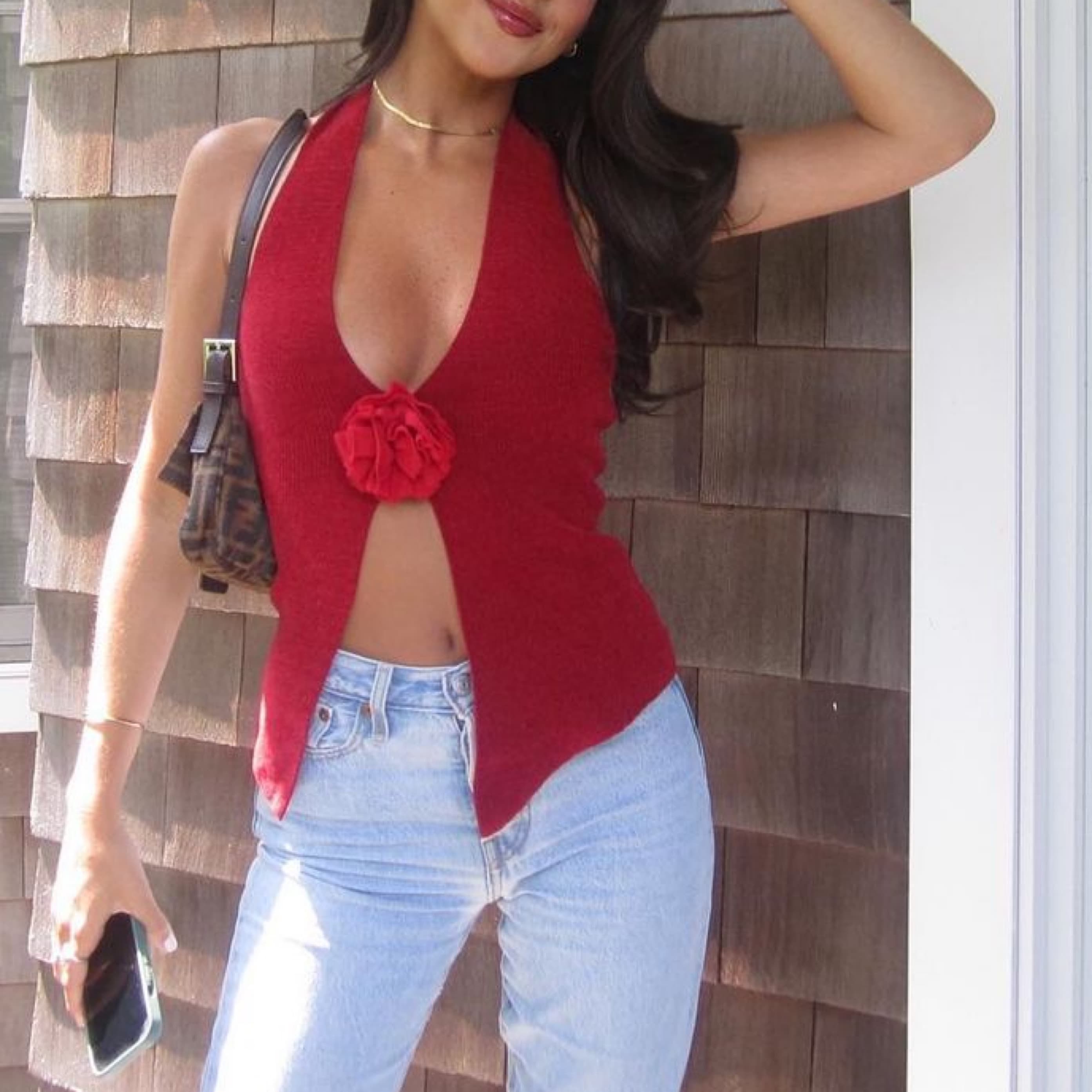 with jean red flower top  - Image 2