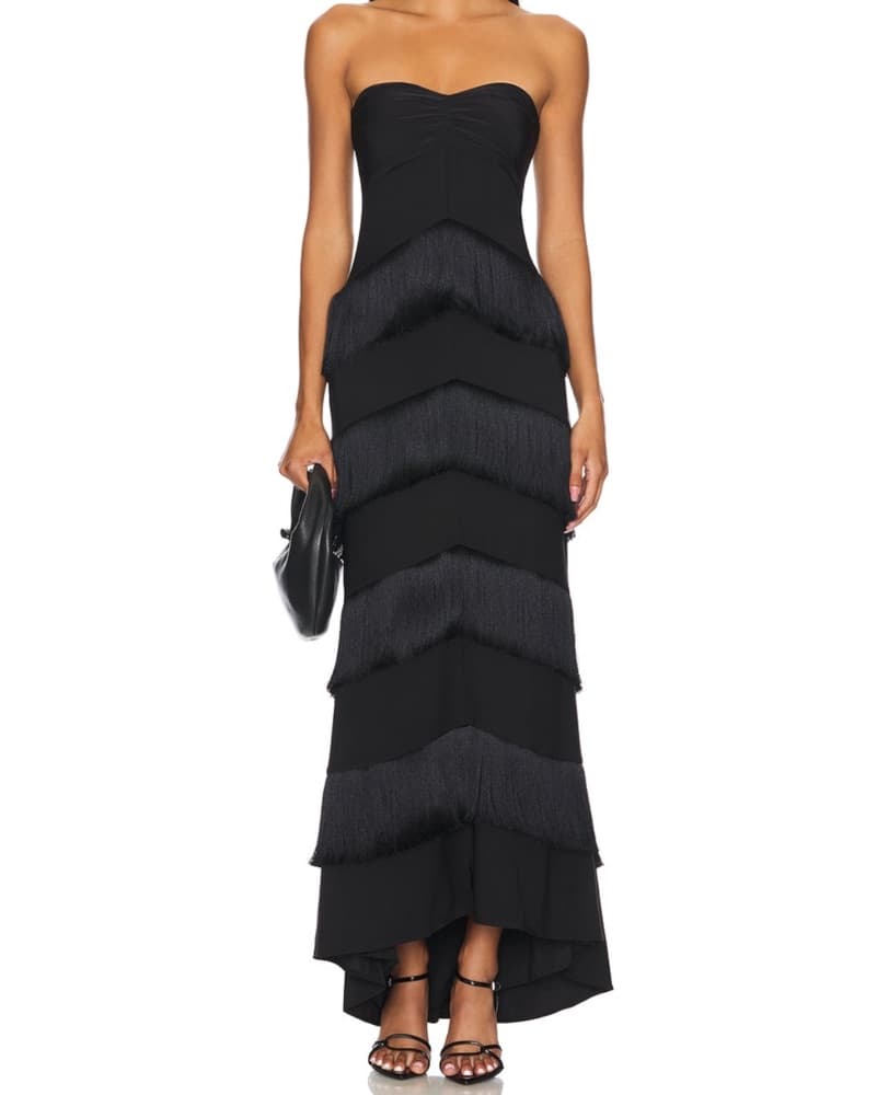 Elegant Black Gown with Fringe Detailing - Image 1