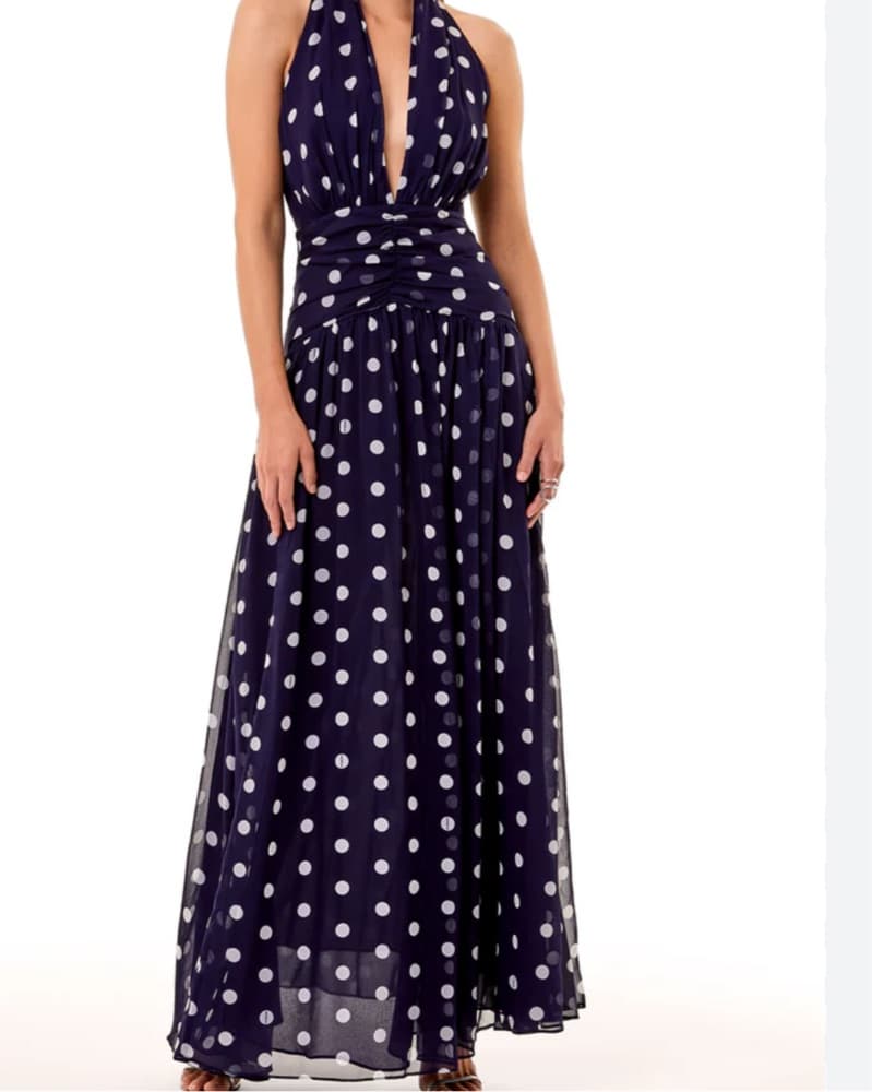 Navy Polka Dot Wedding Guest Dress - Image 1
