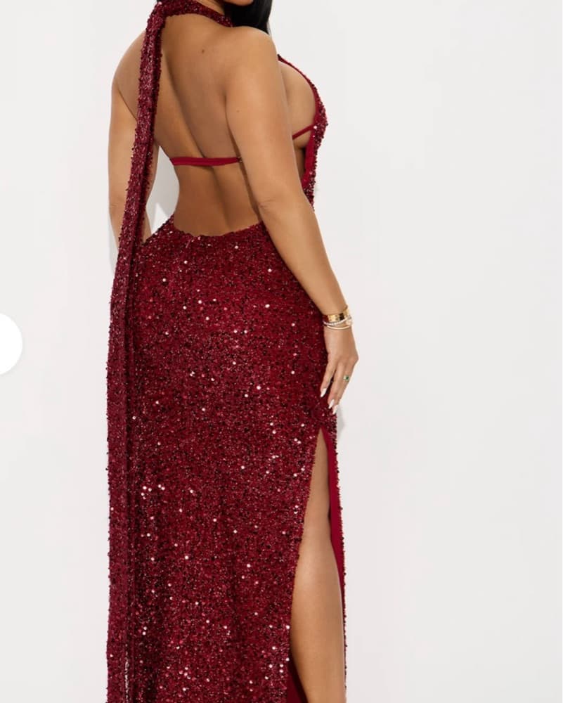 Elegant Open Back Wine Sequin Gown - Image 1