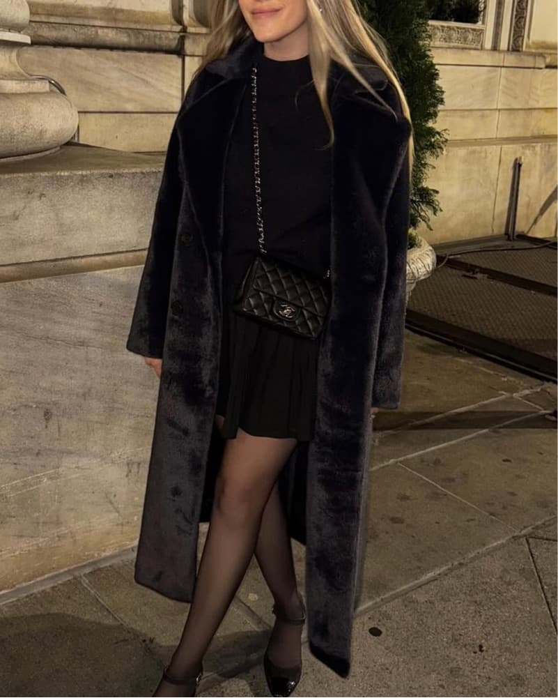 Black Faux Fur Double-Breasted Coat - Image 4