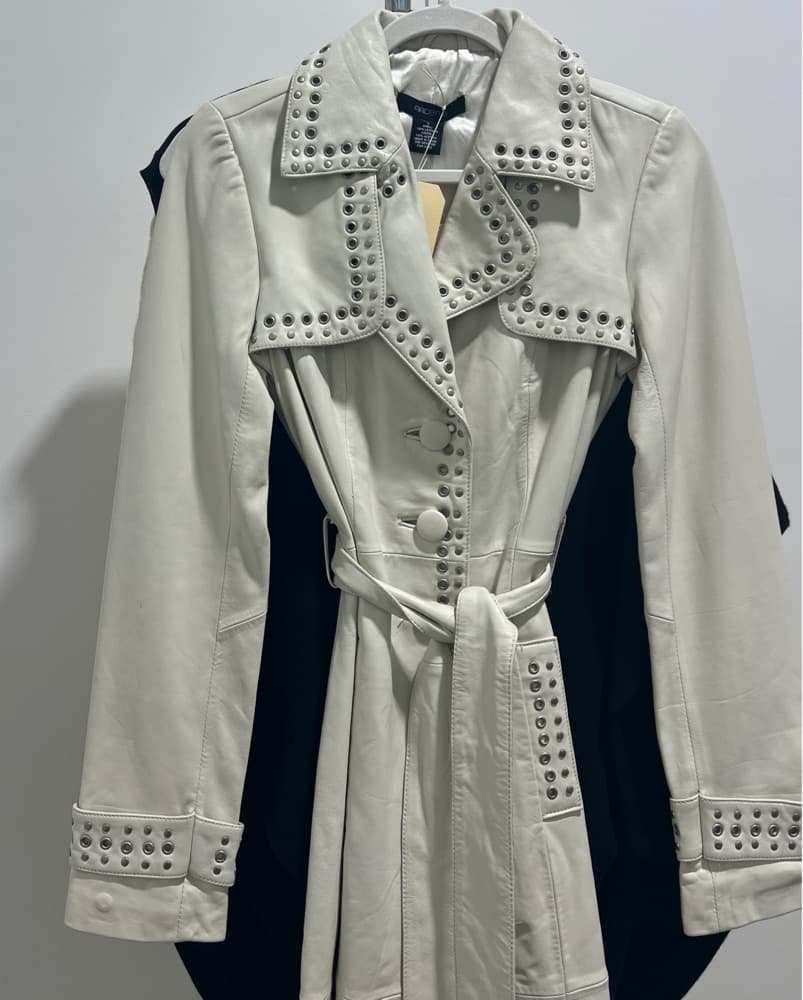Studded White Leather Trench Coat - Image 1
