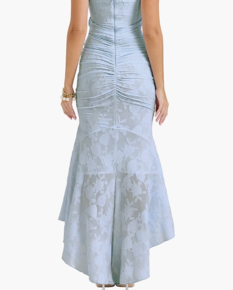 Elegant Ruched Gray Lace Mermaid Gown - Image 3