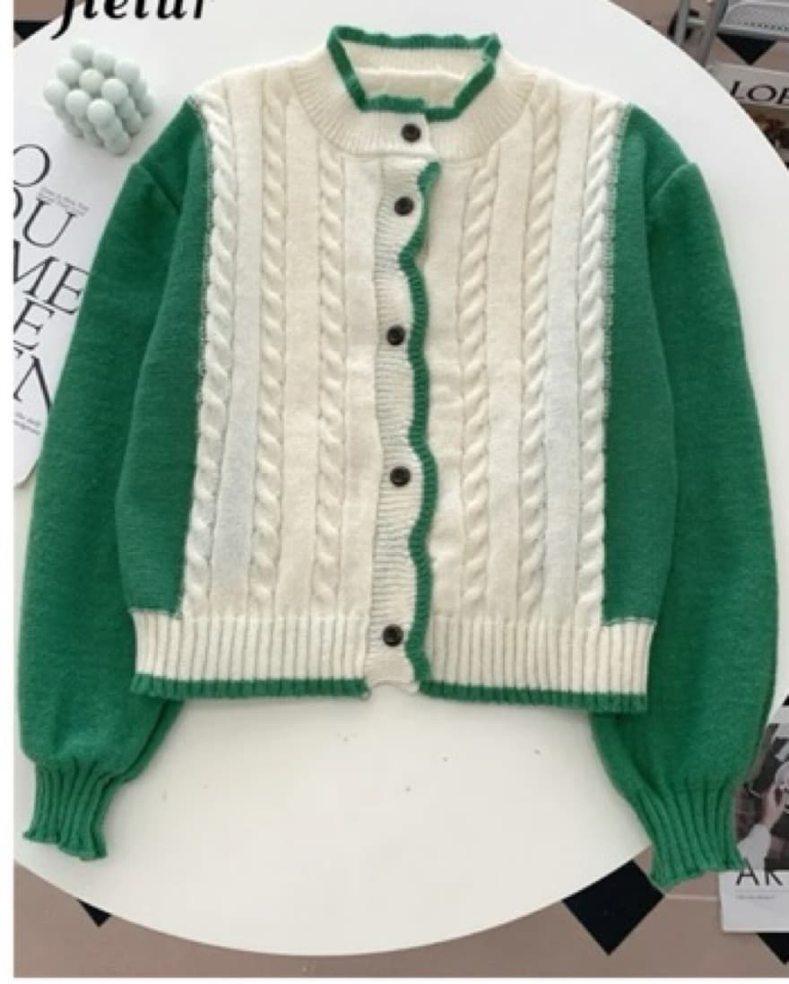 Cozy Green and Cream Knit Cardigan - Image 2