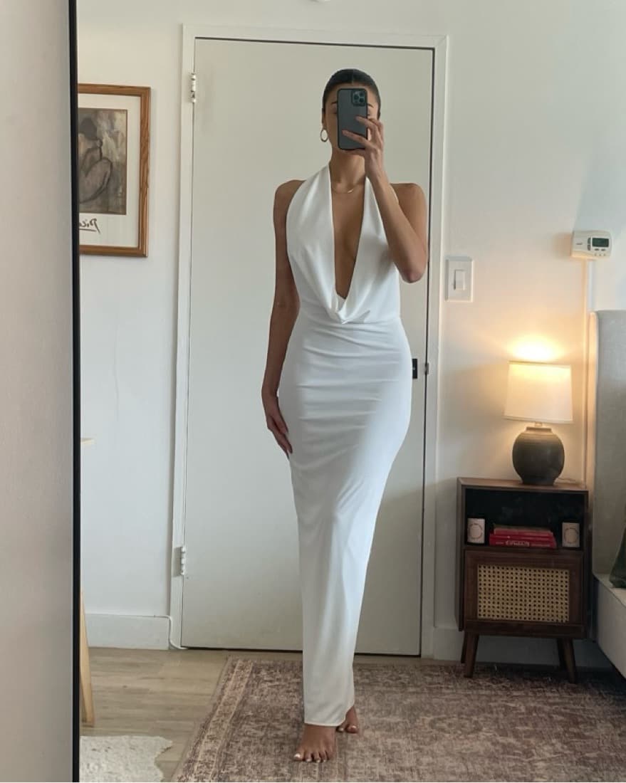 Draped Halter White Open Back Gown - Image 1