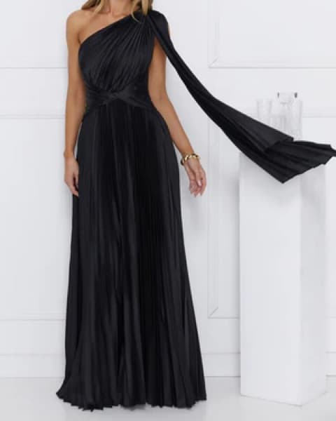 Elegant One-Shoulder Pleated Maxi Dress - Image 1