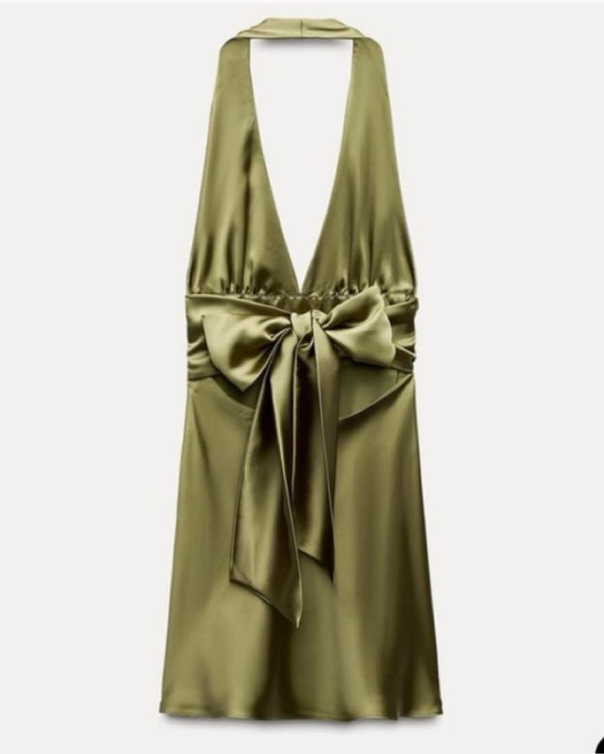 Zara Satin Olive Green Bow Dress  - Image 1