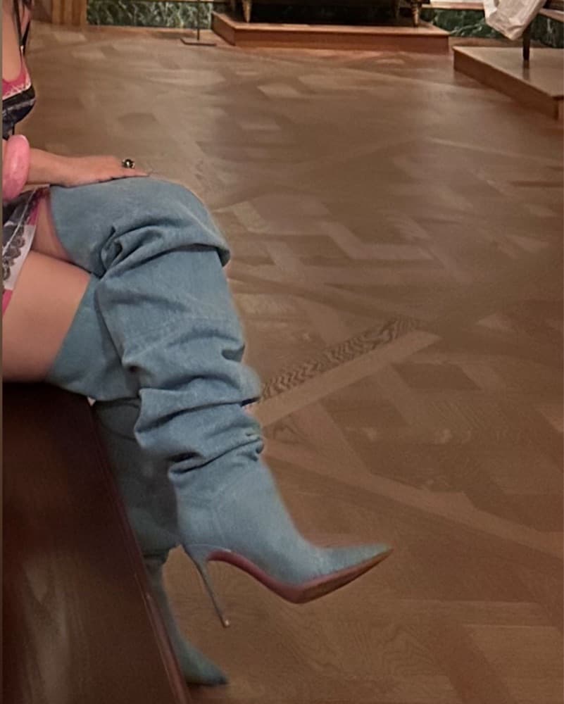 Amina Muaddi Blue Denim Slouchy Thigh-High Boots - Image 3