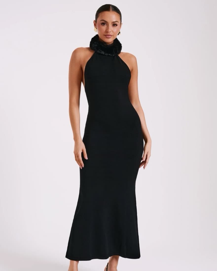  Black Maxi Dress with Plush Fur Collar - Image 1