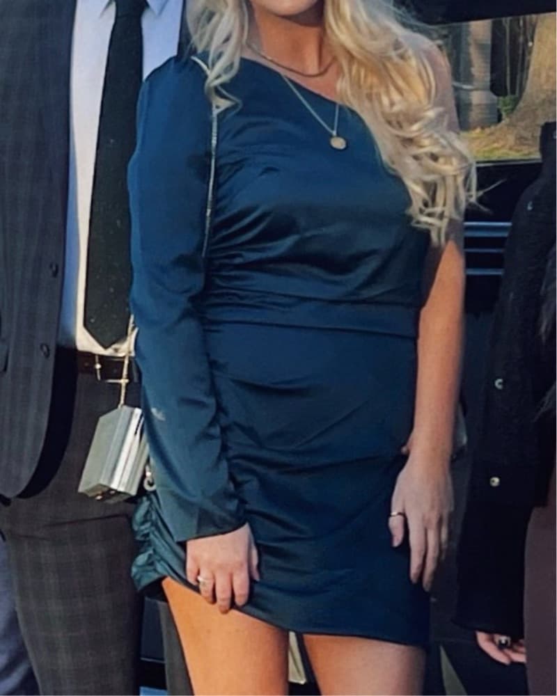 Emerald Silk Lulus One Sleeve Midi Dress - Image 1