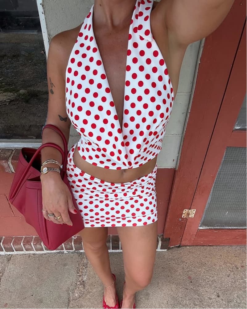 Red Polka Dot Open Back Cowl Neck Top - Image 1