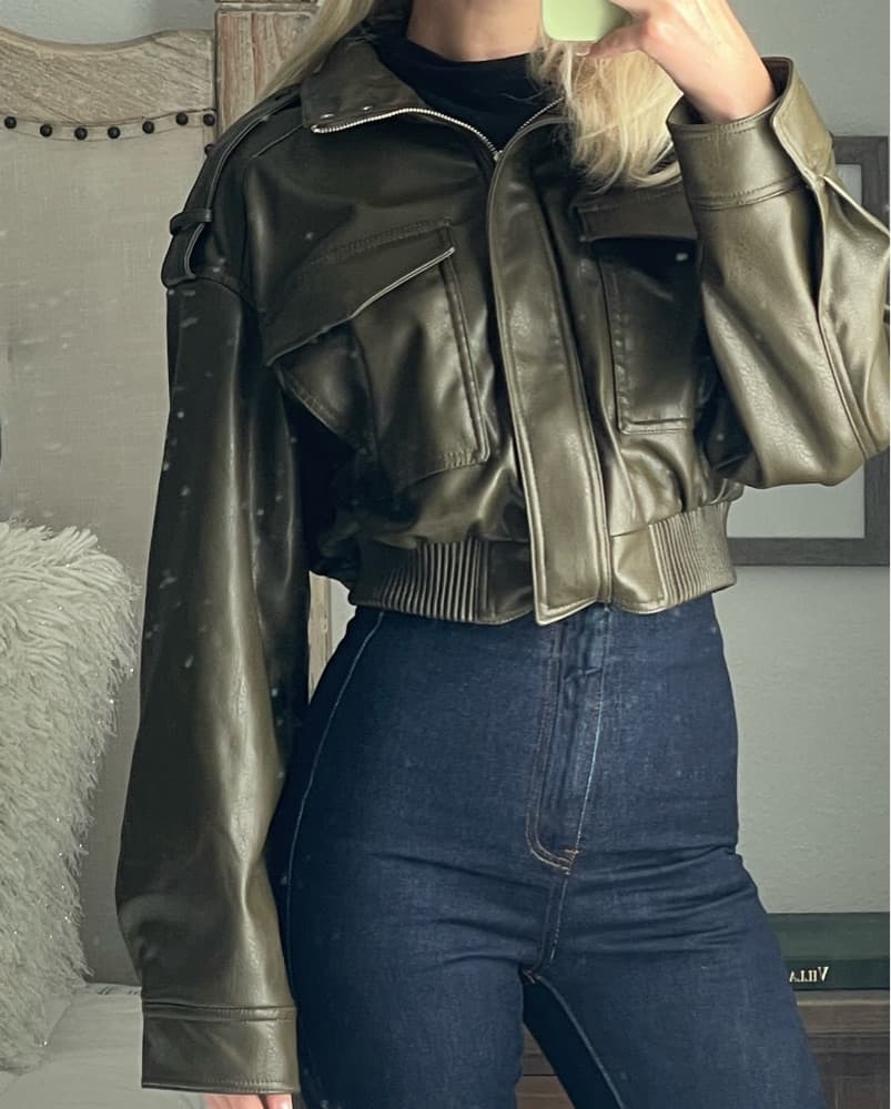 Olive Green Leather Jacket  - Image 3