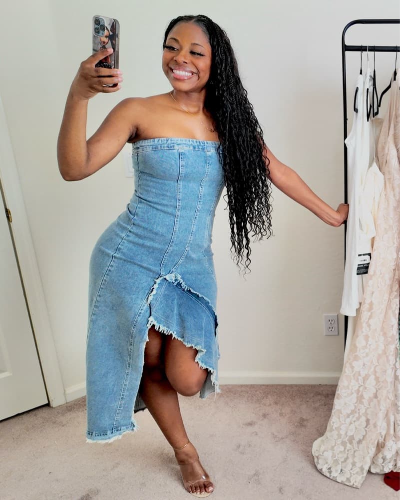 Strapless Frayed Denim Midi Dress - Image 2