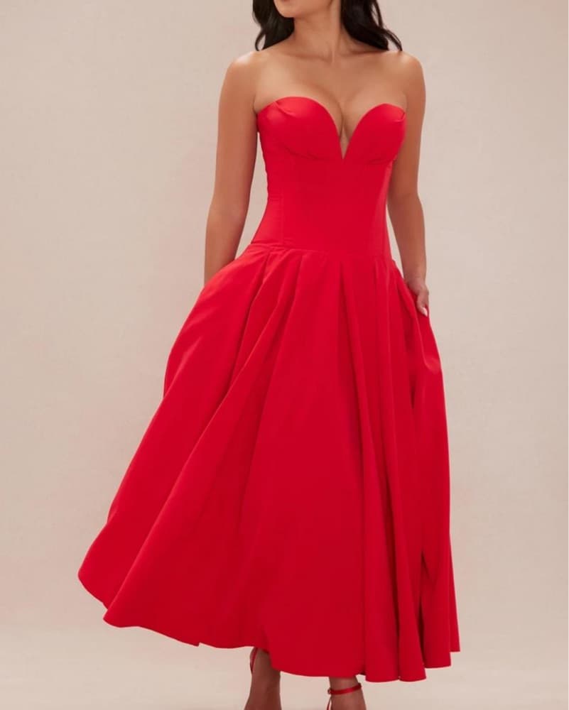 Vibrant Red Strapless Midi Dress - Image 1