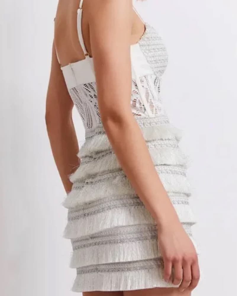 Patbo White Silver Fringe Mini Dress XS - Image 3