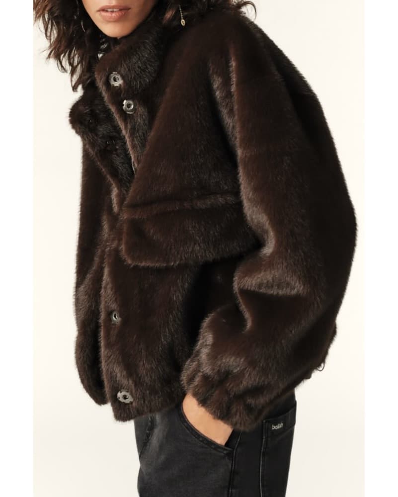 $600 Brown Faux Mink High Collar Bomber - Image 3