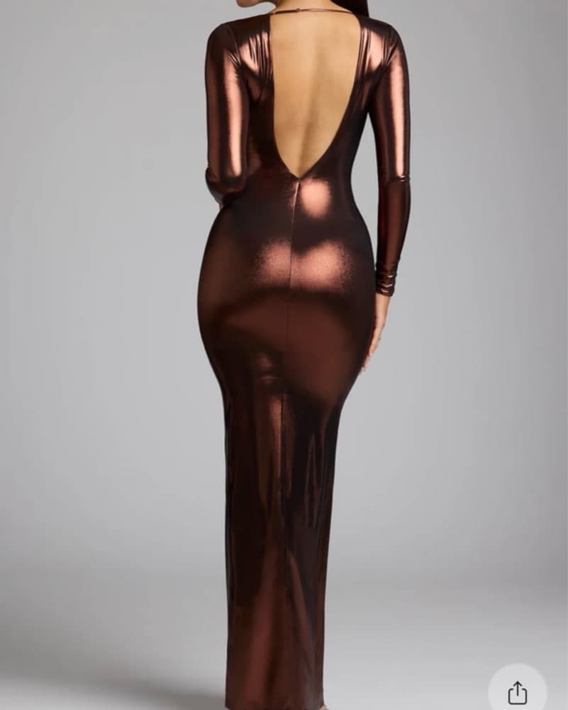 Long Sleeve Metallic Jersey Evening Gown - Image 3