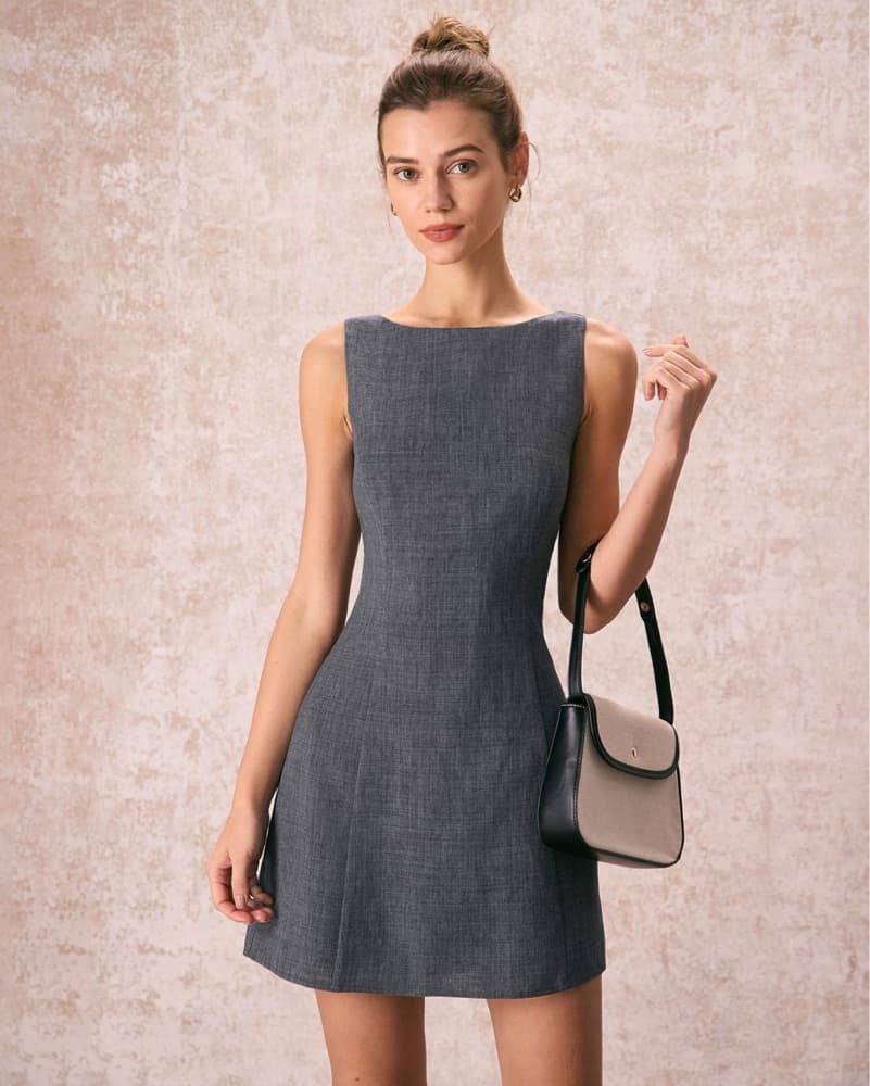 Grey Boat Neck Sleeveless Dress  - Image 2