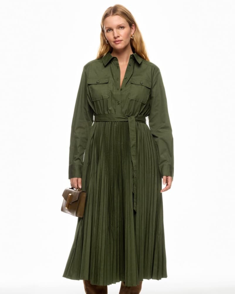 Pleated Green Midi Shirt Dress  - Image 2