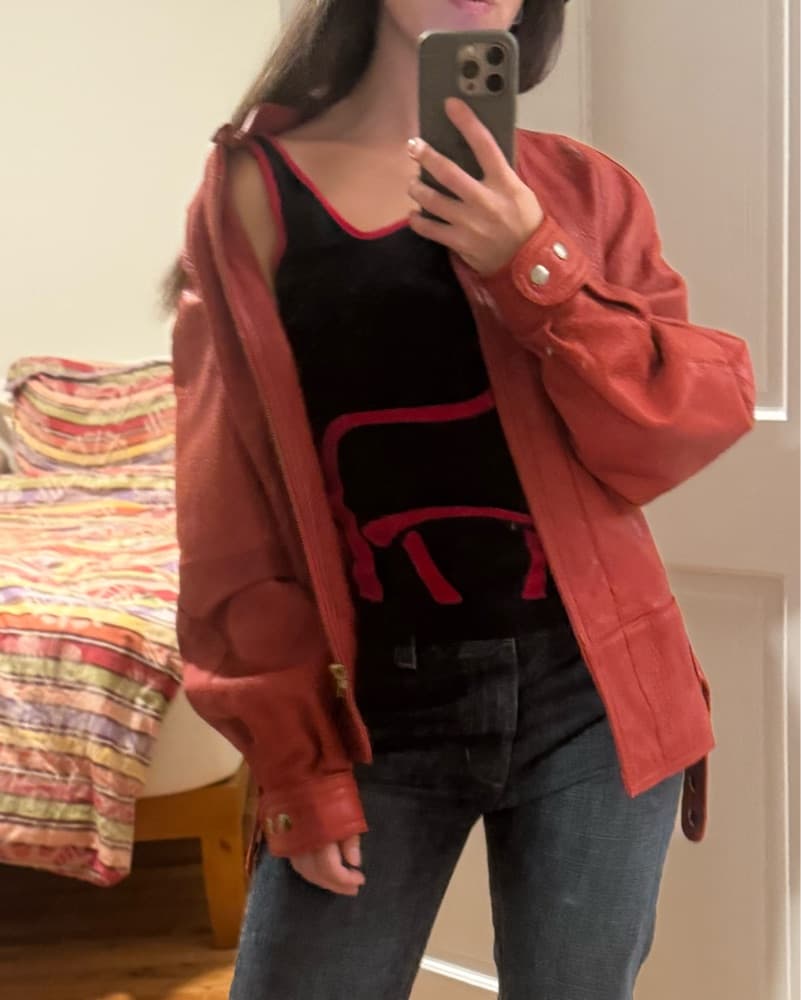Oversize Vintage Red Leather Jacket - Image 1