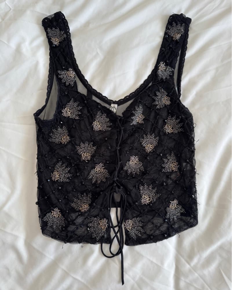 Black Beaded Mesh Lace Corset - Image 1