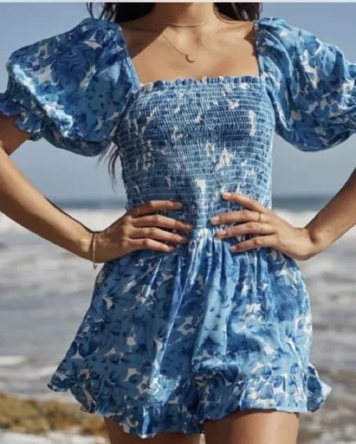 Blue Floral Ruched Sleeve Romper  - Image 1