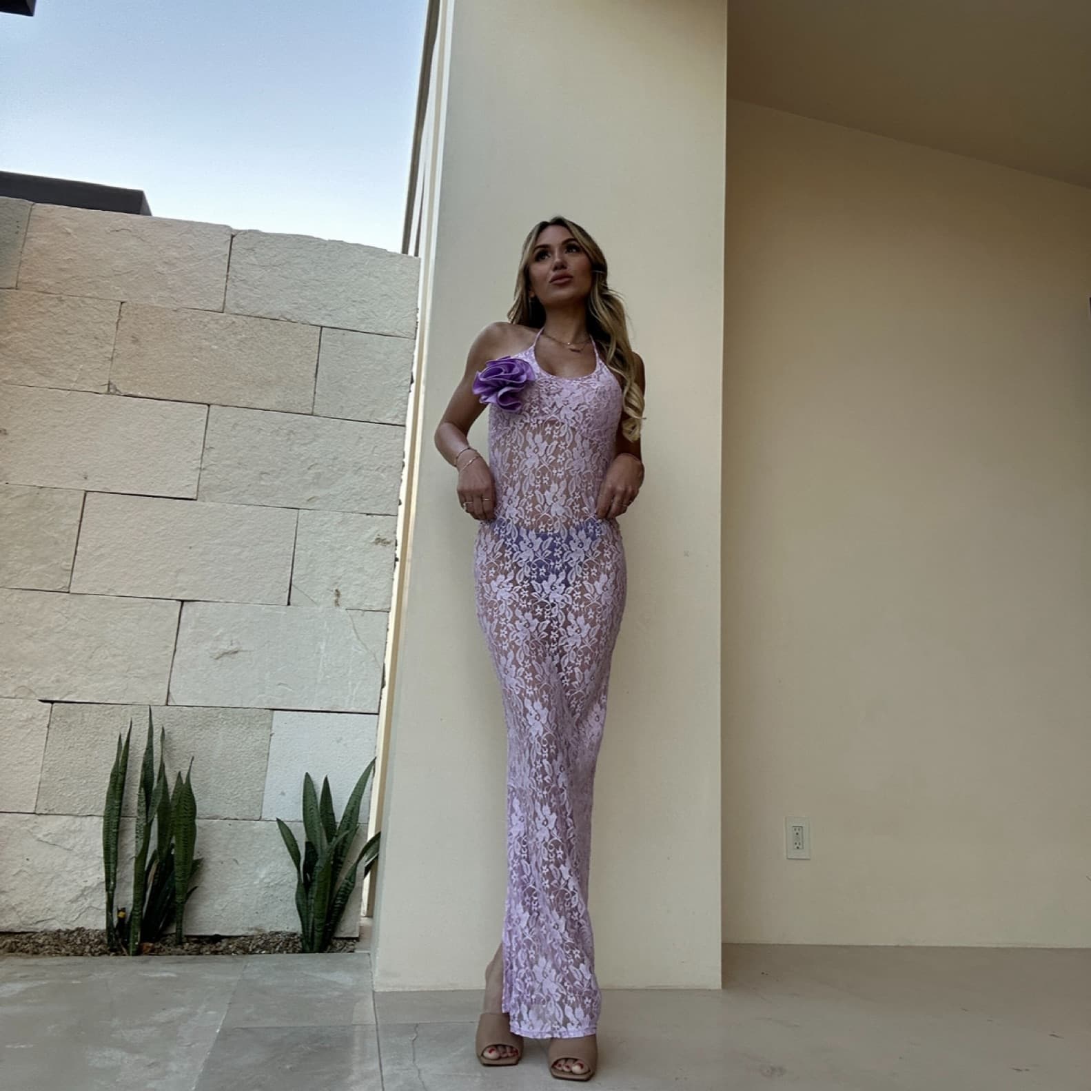 Lavender Rosette Lace Maxi Dress - Image 3