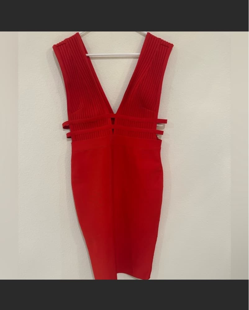Vibrant Red Midi Dress with Intricate Strappy Design - Image 3