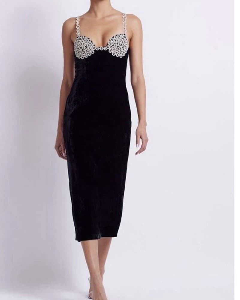 Patbo Black Velvet Diamond Midi Dress XS - Image 5