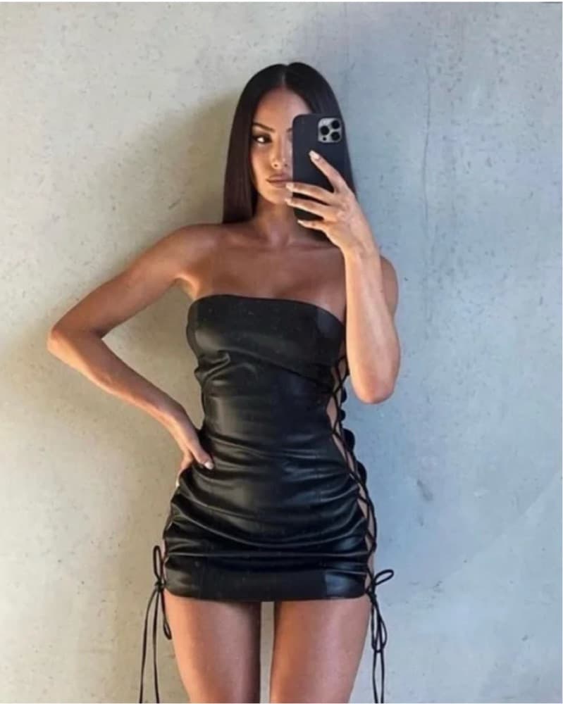 Leona Faux Leather Lace Up Mini Dress - Image 1