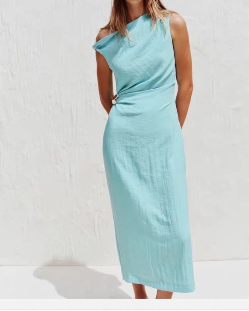 Turquiose Linen Blend Midi Dress - Image 1