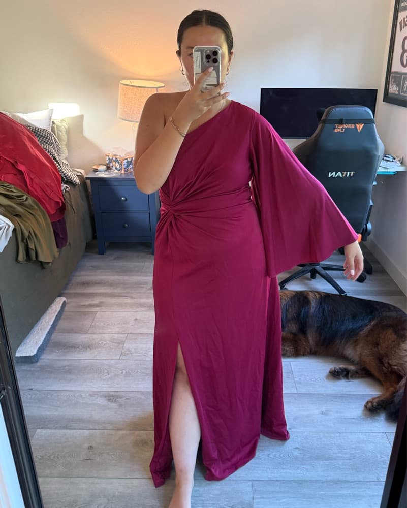 Raspberry One-Shoulder Black Tie Gown - Image 5