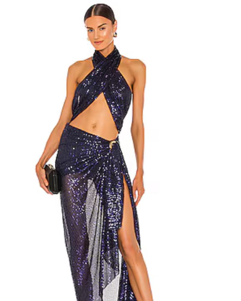 Sequin Navy Criss Cross Halter Gown - Image 1