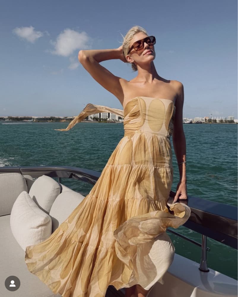 Alexis Tiered Dress in Soft Beige Tones - Image 3