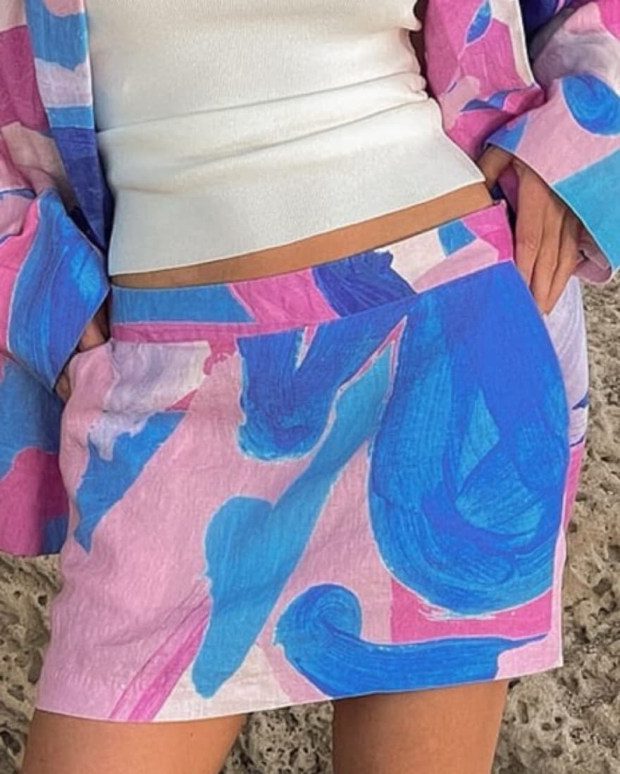 Pink And Blue Linen Mini Skirt - Image 1